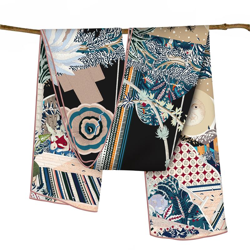 

POBING Twill Silk Scarf Women Poncho Hand Rolled Sun Foreast Printed Long Scarves Wraps Bandana Big Shawl Hijabs Female Foulards 150CM x 40CM&>8Y
