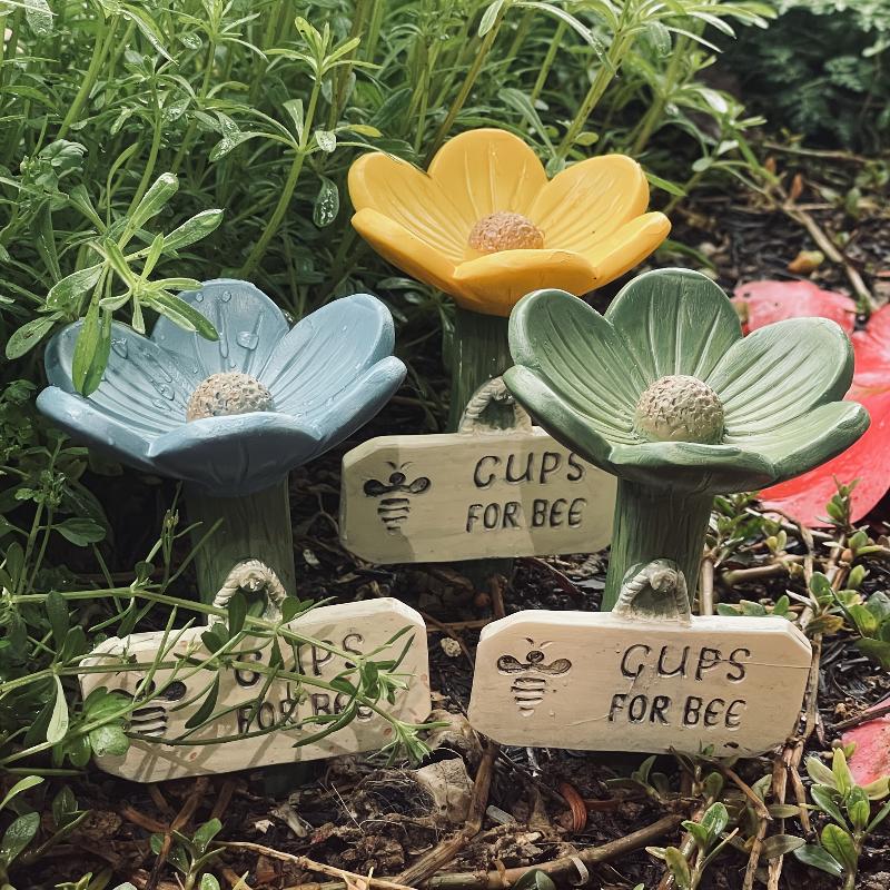 Bees Watering Station, Garden Resin Floral Bee Feeder with Colorful Butterfly Bath Tub, No Wooden Stick for Outdoor Decoration