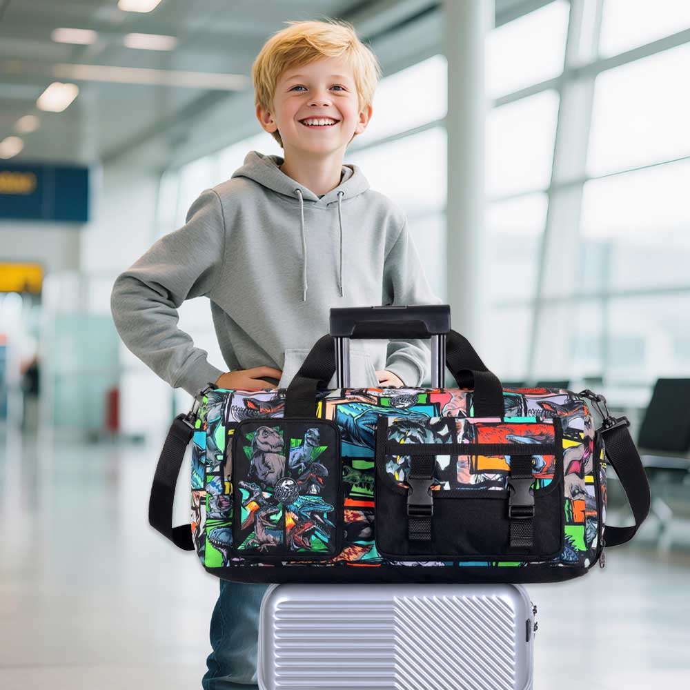 Duffle Bags for Kids, Boys Gym Bag Dinosaur Travel Duffle Bag with Shoe Compartments Sports Teens Weekender Sleepover Carry
