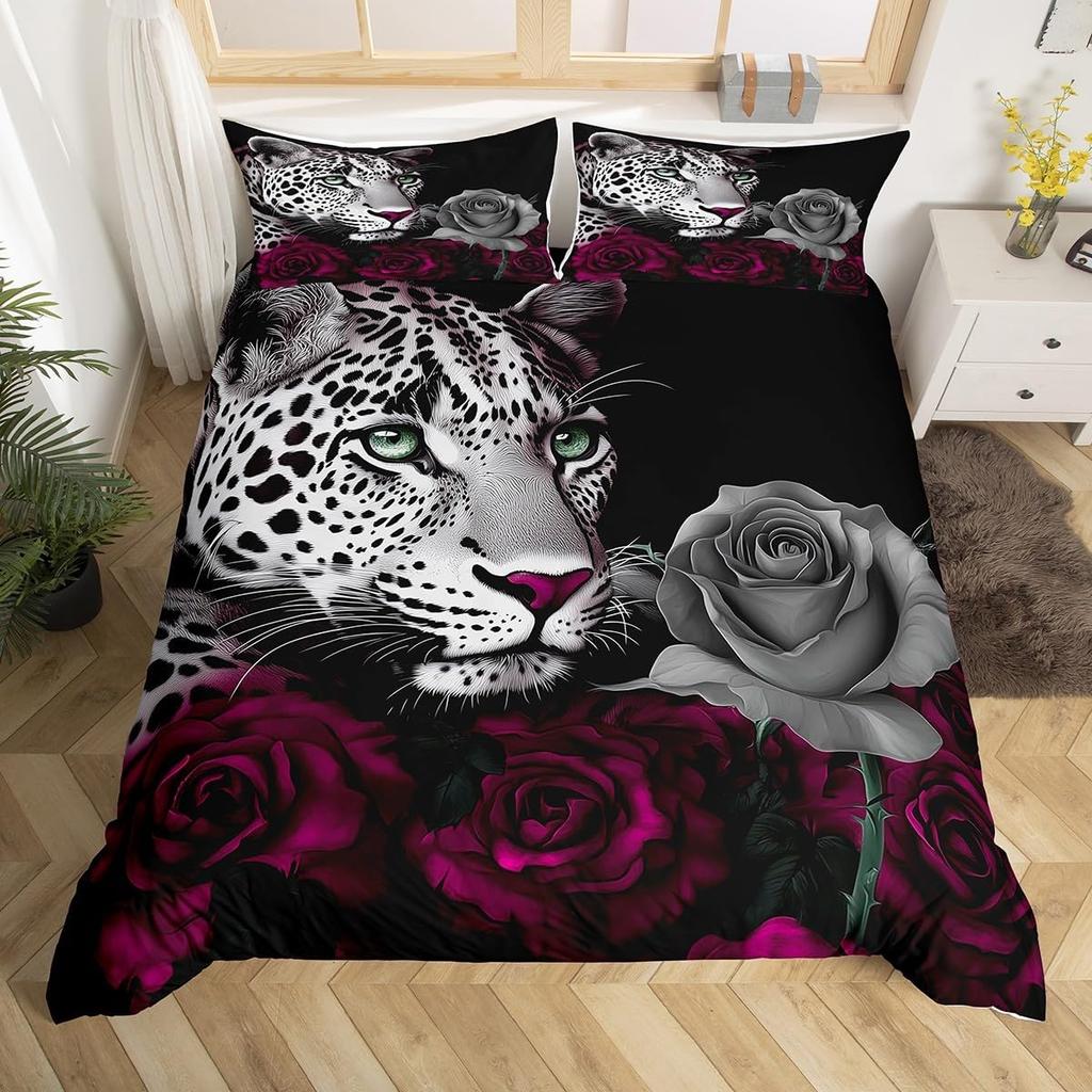 Leopard Bedding Set Wild Cheetah Comforter Cover Rose Romantic Floral Duvet Cover For Boys Girls Room Decor Twin Full Queen King