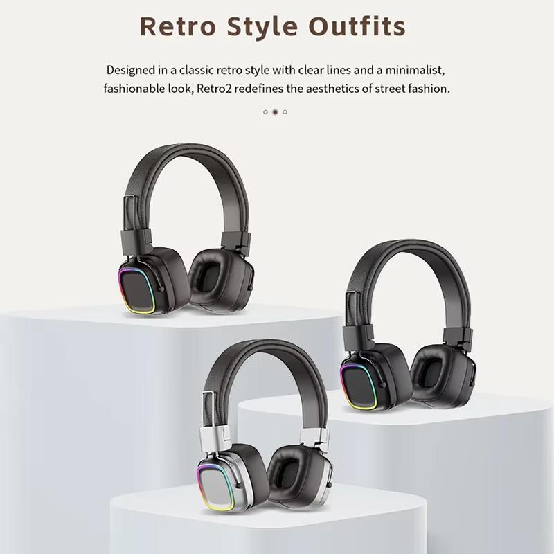 Retro Trendy Wireless Headphone Bluetooth 5.3 Long Battery Life Stereo Music Sport Foldable OverEar Headset with Noise Reduction RGB Light