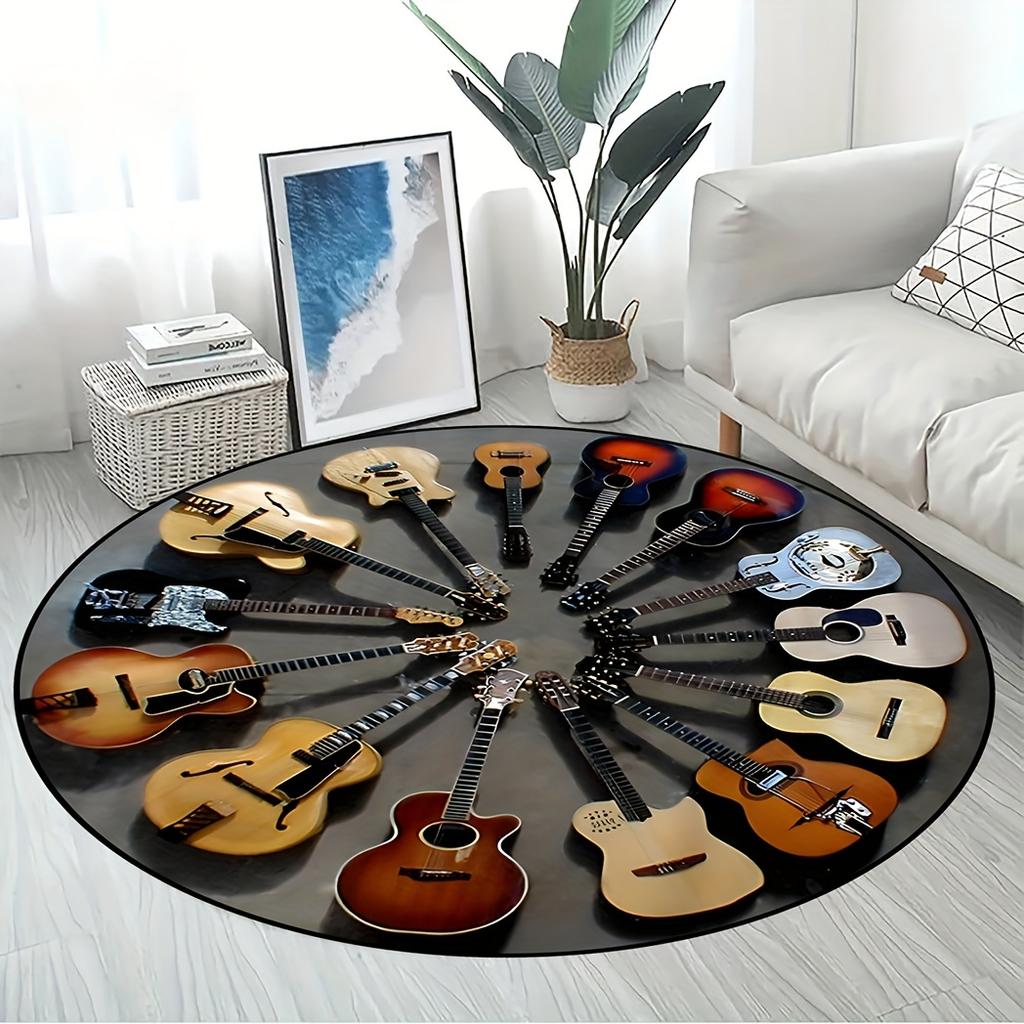 1pc Round Guitar Pattern Area Rug,Non-slip Round Carpets For Living Room Bedroom Carpets,Home Decor Gifts