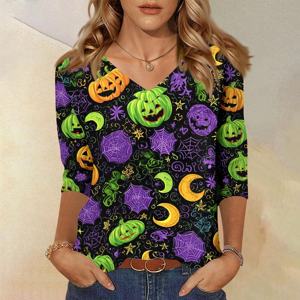 Women's Fashion Casual Halloween Print V Neck Three Quarter Sleeve Top Lightweight Comfortable Fit Stylish Design
