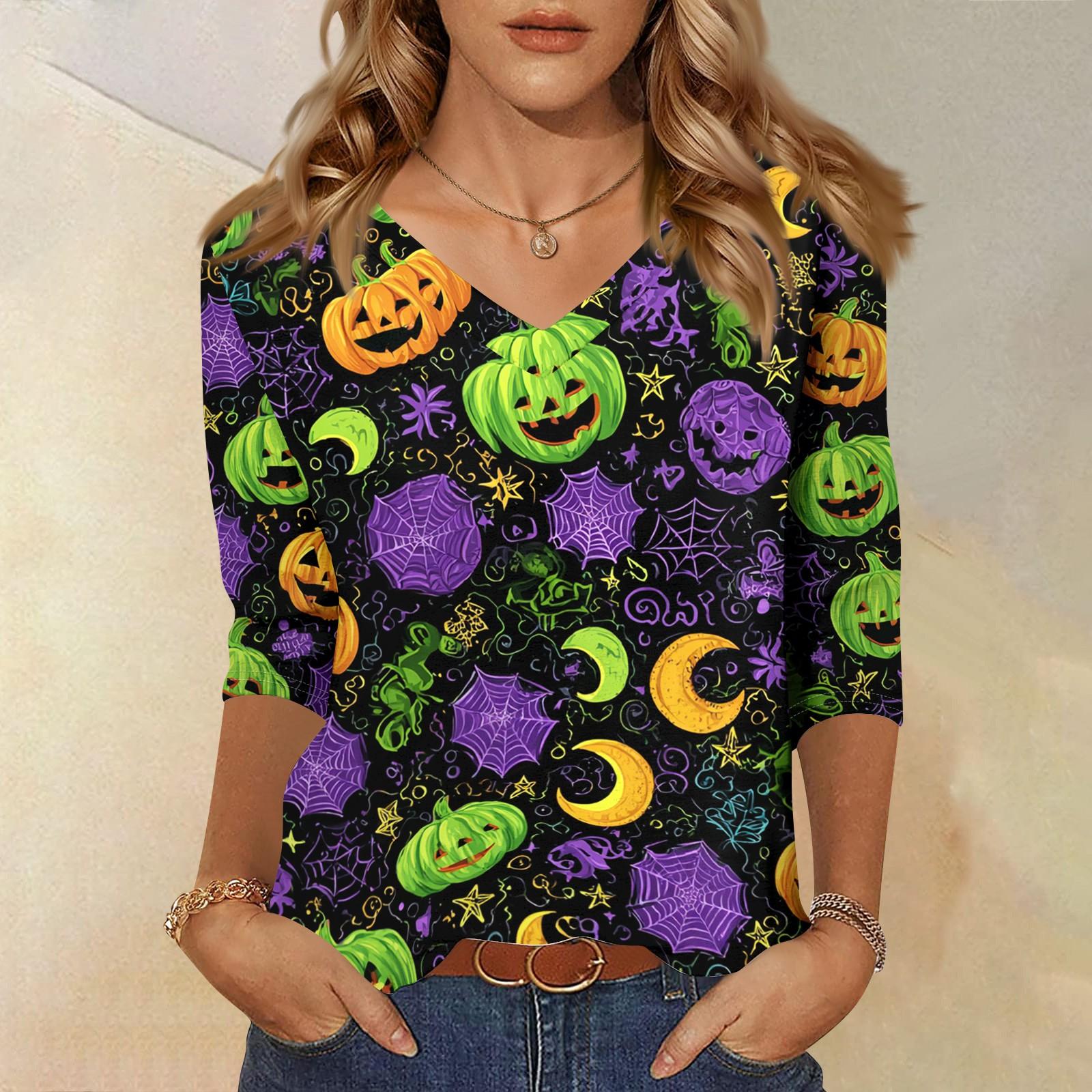 Women s Casual Halloween Print V-Neck Top, Three-Quarter Sleeve XXL
