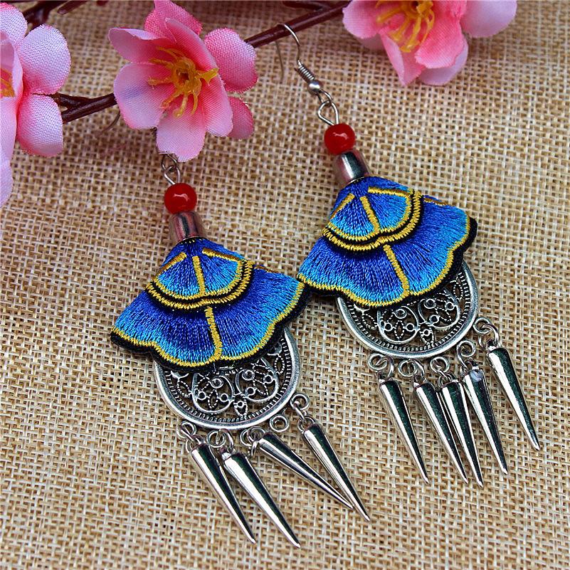 Handcrafted Vintage Fabric Silver Earrings with Embroidered Floral Design and Dangling Metal Spikes Lightweight Bohemian Jewelry for Women One Size