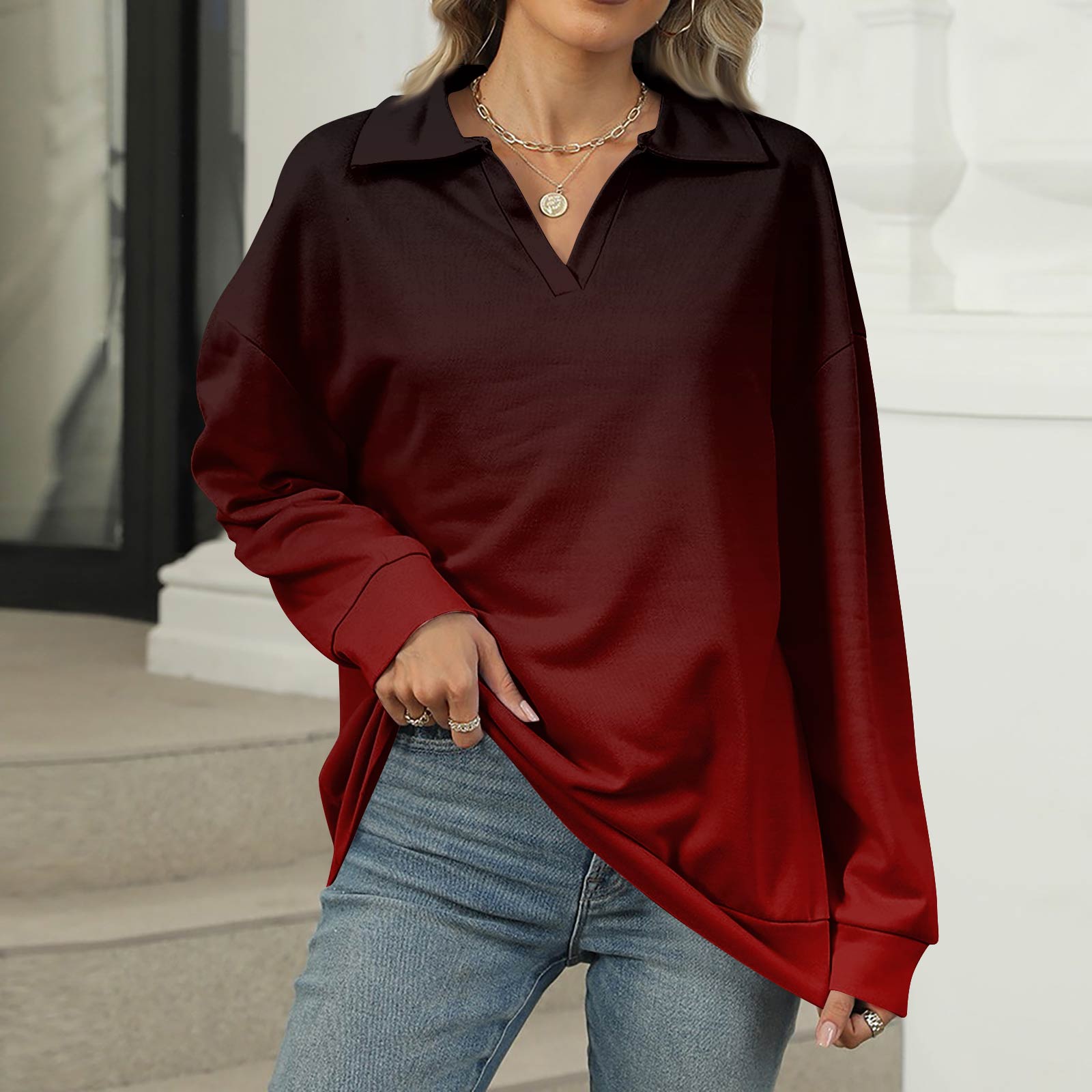 

Женская летняя модная повседневная рубашка с v-образным вырезом и длинным рукавом с принтом, топ M винный