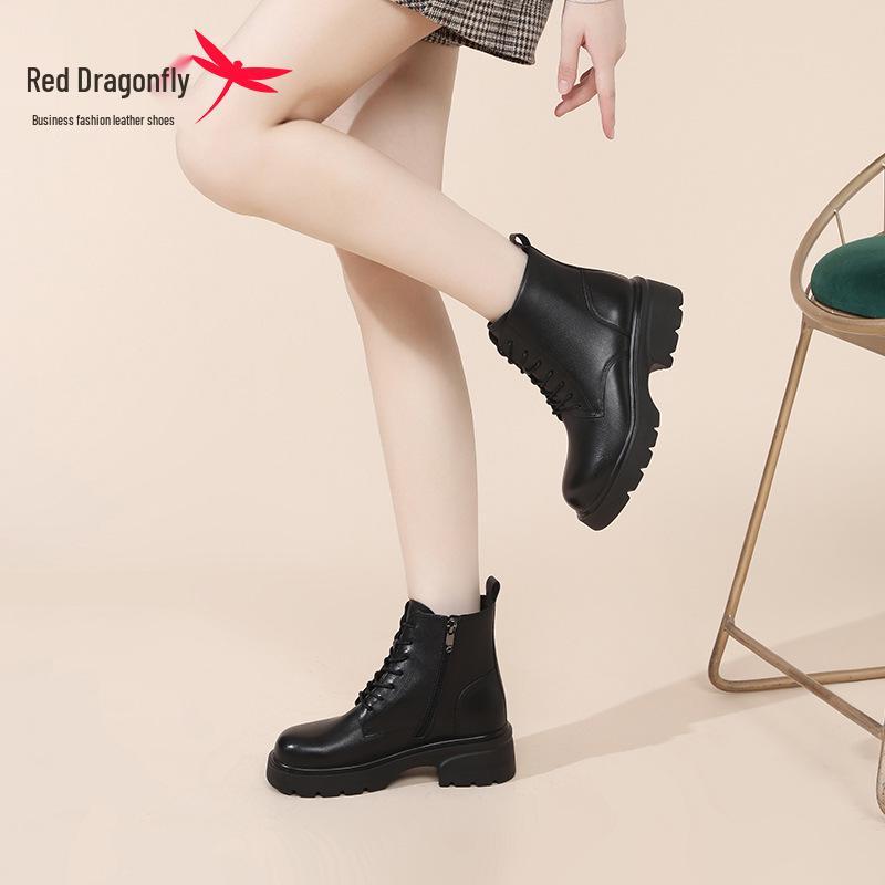 Red Dragonfly Women's British Style Real Leather Winter Boots Thick-Soled Velvet Short Martin Boots, 2024 New Arrivals