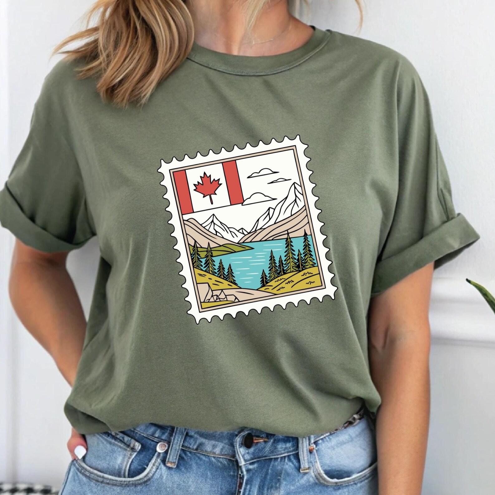 Vintage Canada Stamp T-Shirt, Canadian Travel Souvenir, Maple Leaf Shirt, Canadian Rocky Mountains M