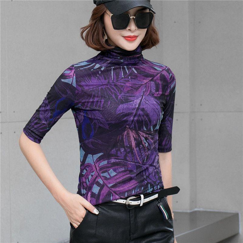 

Beautiful Mid-Sleeve Turtleneck Spring Floral Mesh Bottoming Shirt Purple 3XL