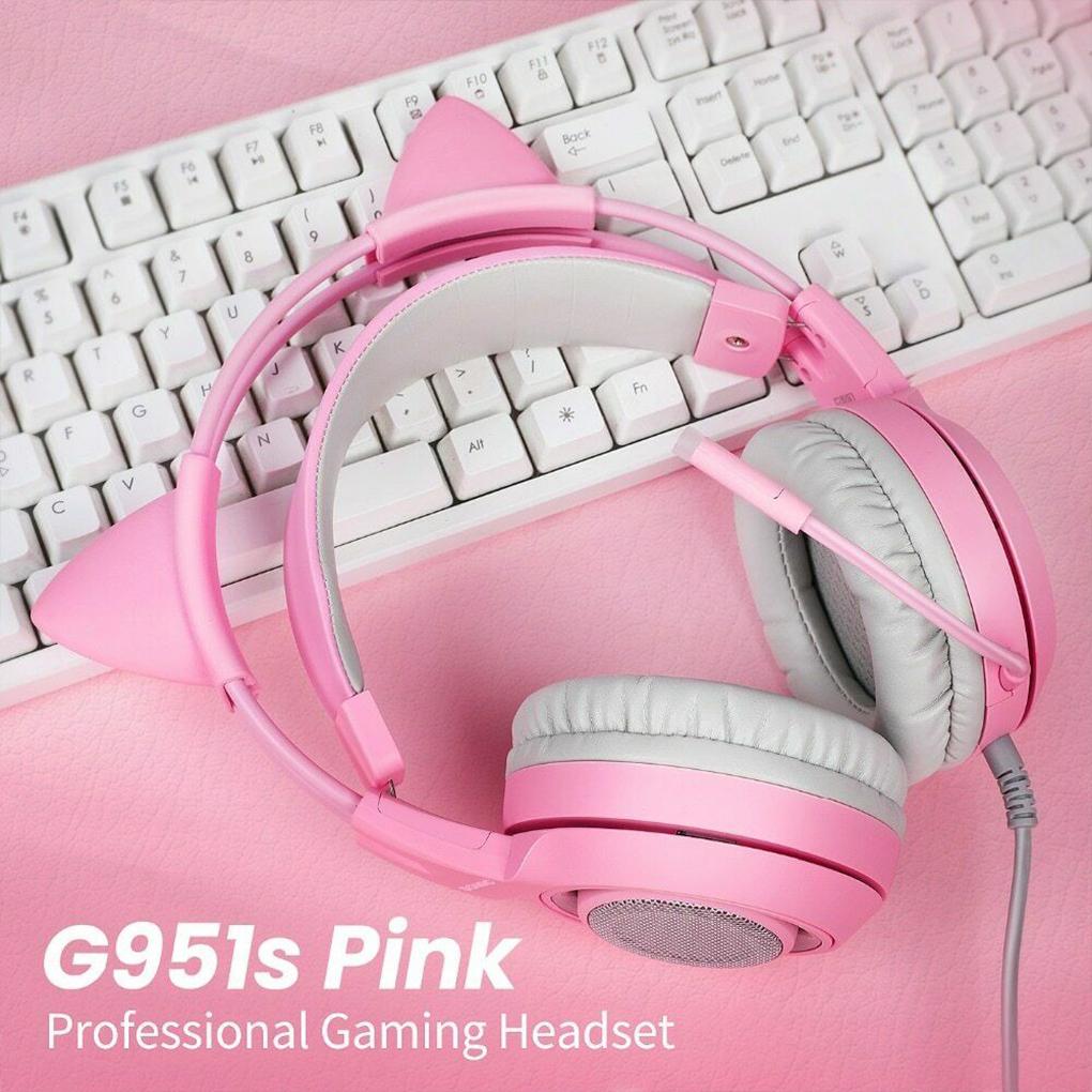 Wired Headset Gamer Pink Cat Ear Headset Cute Phone PC With Microphone 3\.5mm Gaming Phone Overear Gamer G951s Pink