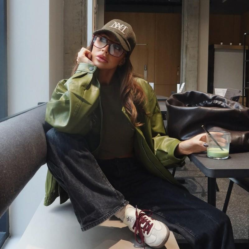 Womens Green Faux Leather Jacket With Turn-Down Collar Loose Fit Street Style Outerwear Fall Winter