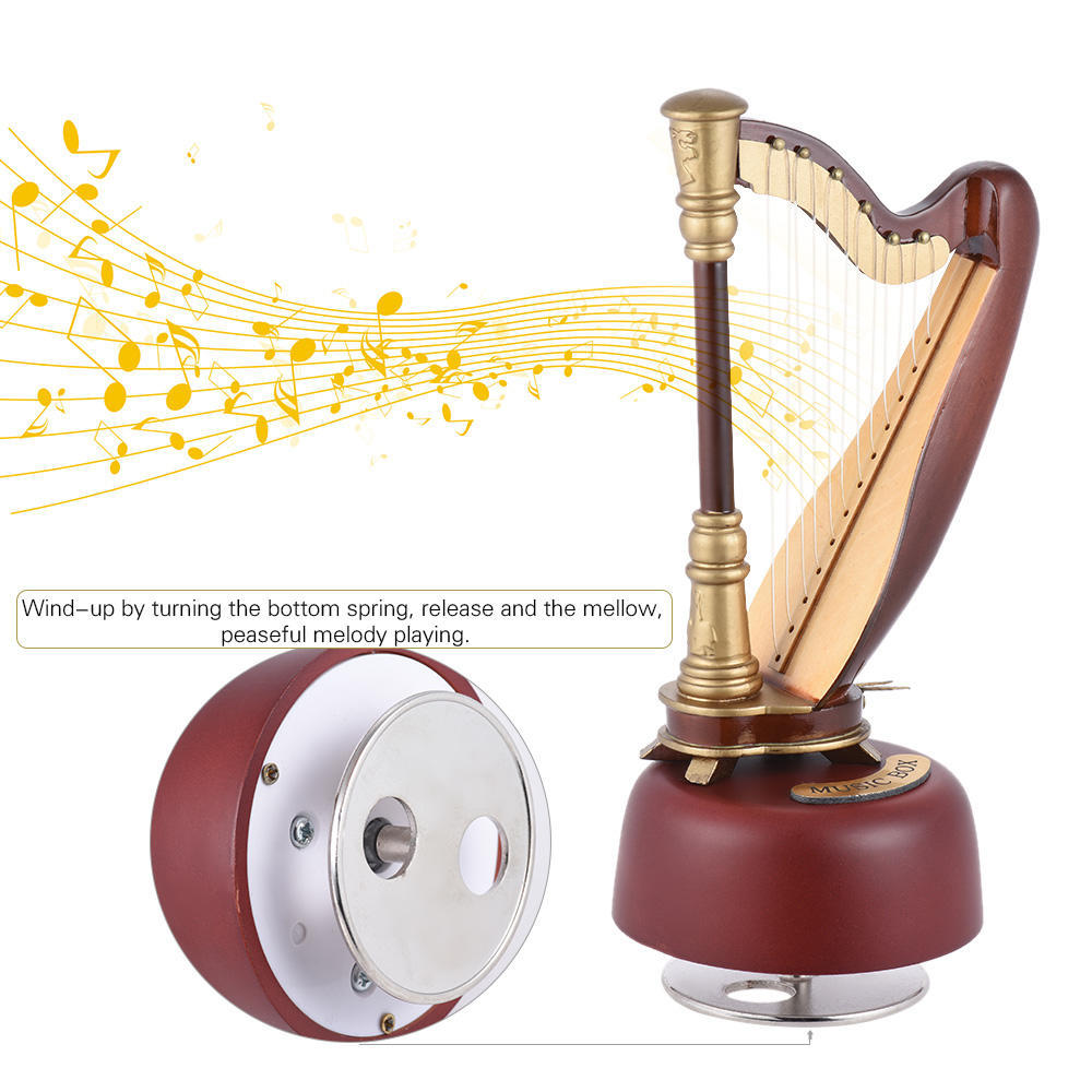 Classical Wind Up Harp Music Model with Rotating Musical Base Instrument Miniature Replica Artware Gift
