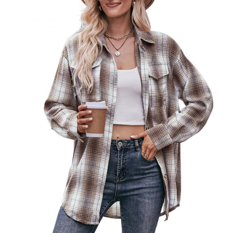 2025 Women's Cross-Border European and American Loose Plaid Pocket Shirt - Autumn/Winter Casual Fashion.