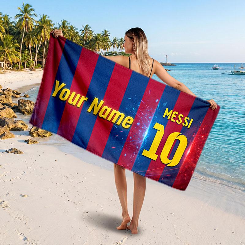 Asciugamano da Spiaggia Personalizzato Lionel Messi, Stampa Testo Nome Personalizzato, Asciugamano Morbido Asciugatura Rapida con Logo Calcio, Regalo per le Vacanze