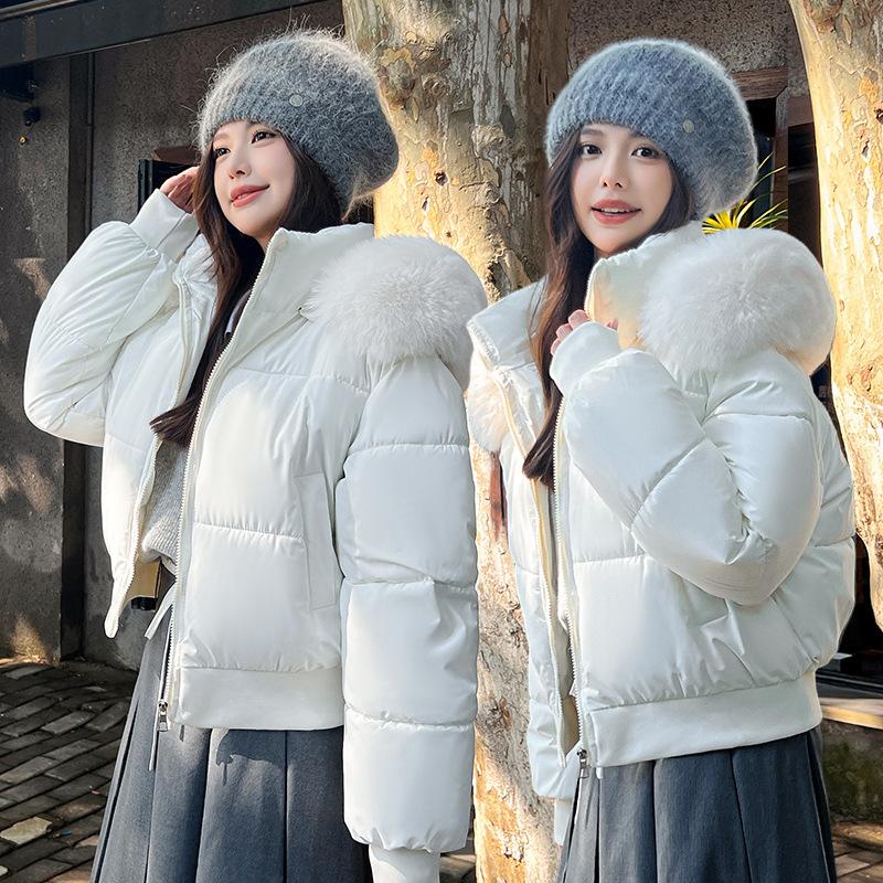 Hair collar hooded women's new cold and windproof lightweight thickened fluffy warm loose high-quality fabric casual sports Parker cotton jacket