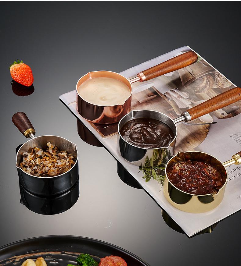 304 Stainless Steel Sauce Cup with Wooden Handle, Custom Logo, Multiple Specifications - Ideal for Steakhouses & Restaurants.