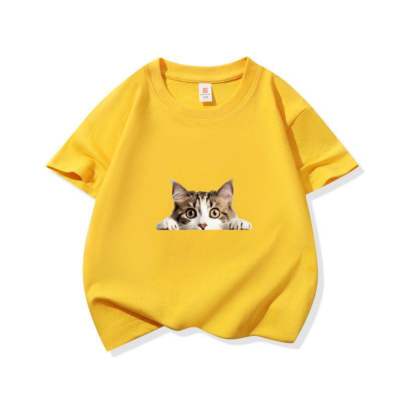 Kids Cotton T Shirt Peeking Domestic Shorthair Cat Graphic Crew Neck Short Sleeve Tee Casual Breathable Boys Girls Summer Tops