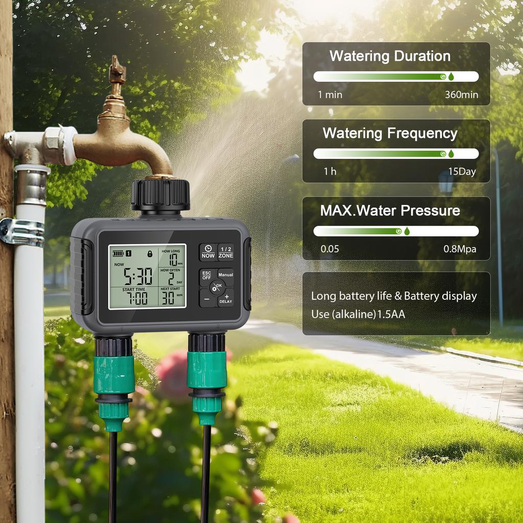 Programmable Dual-Outlet Water Hose Timer, Rainproof Irrigation Controller with Rain Sensor for Automatic Garden Watering