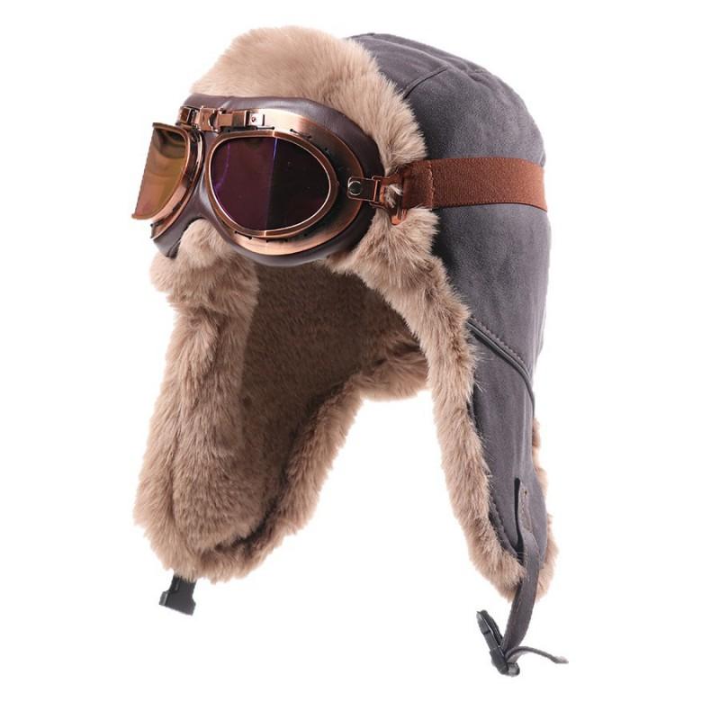 Unisex Winter Warm Fleece Lined Aviator Hat With Goggles Cover Ear Protection Outdoor Windproof Retro Cap
