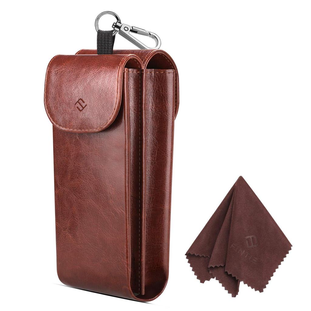 Fintie Double Eyeglass Case with Carabiner Portable Vegan Leather Eyeglass Sunglasses Large Hook, Case, Scratch-Resistant Pouch, Brown,