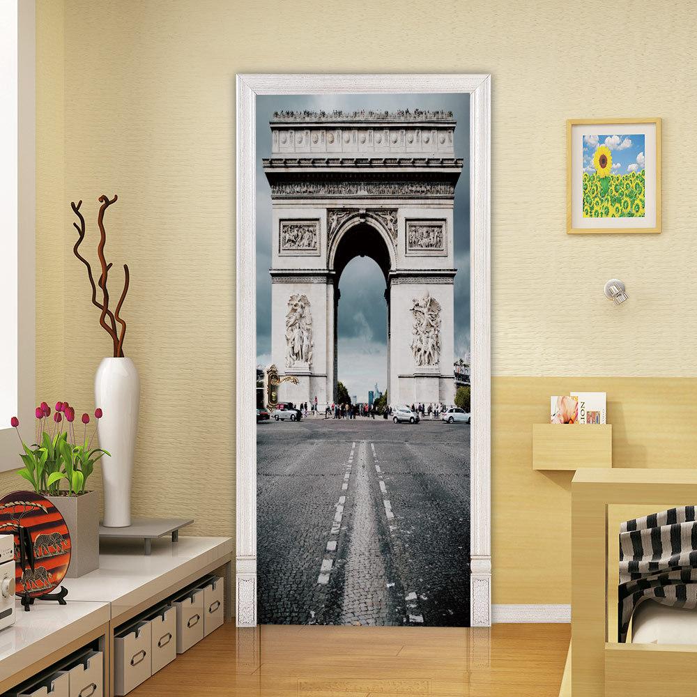 3D Arc De Triomph Door Stickers Self-Adhesive Peel and Stick Wallpaper Wall Stickers Decoration Removable Vinyl DIY Wall Decal