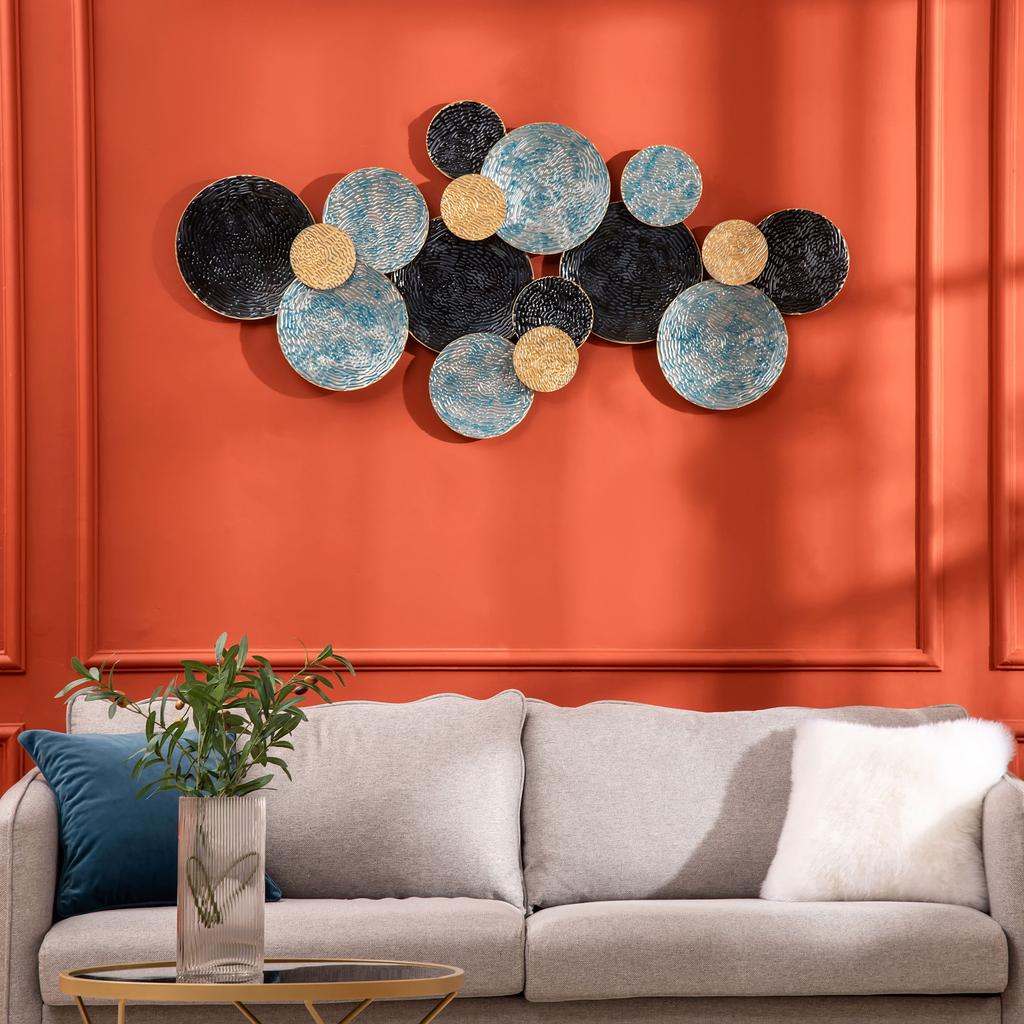 3D Metal Wall Art Modern Circle Hanging Wall Sculptures Home Decor for Living Room Bedroom Dining Room, Blue Black Gold
