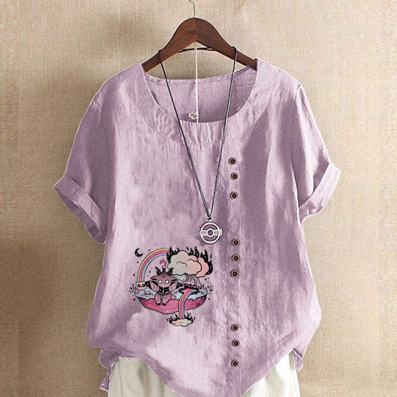 Женская мода Розовый мультяшный узор с принтом с круглым вырезом и коротким рукавом — фото 10