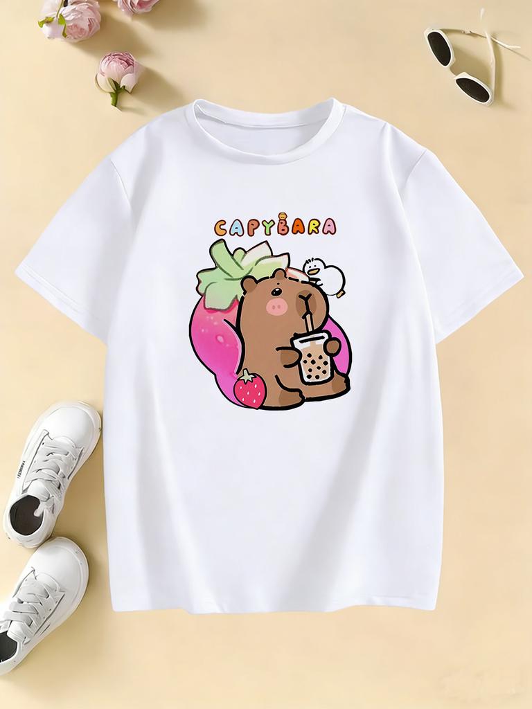 Childrens Tshirt Cute Capybara Drinking Milk Tea Printed T Shirts Short Sleeve Kids Boys Girls Summer Casual Top Tee Clothes