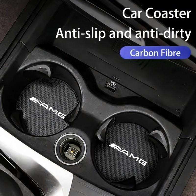 AMG Logo Carbon Fiber Patterned Leather Coasters Car Cup Holders Silent Pads For Mercedes Benz AMG W206 W204 W205 W212 W213 WC1