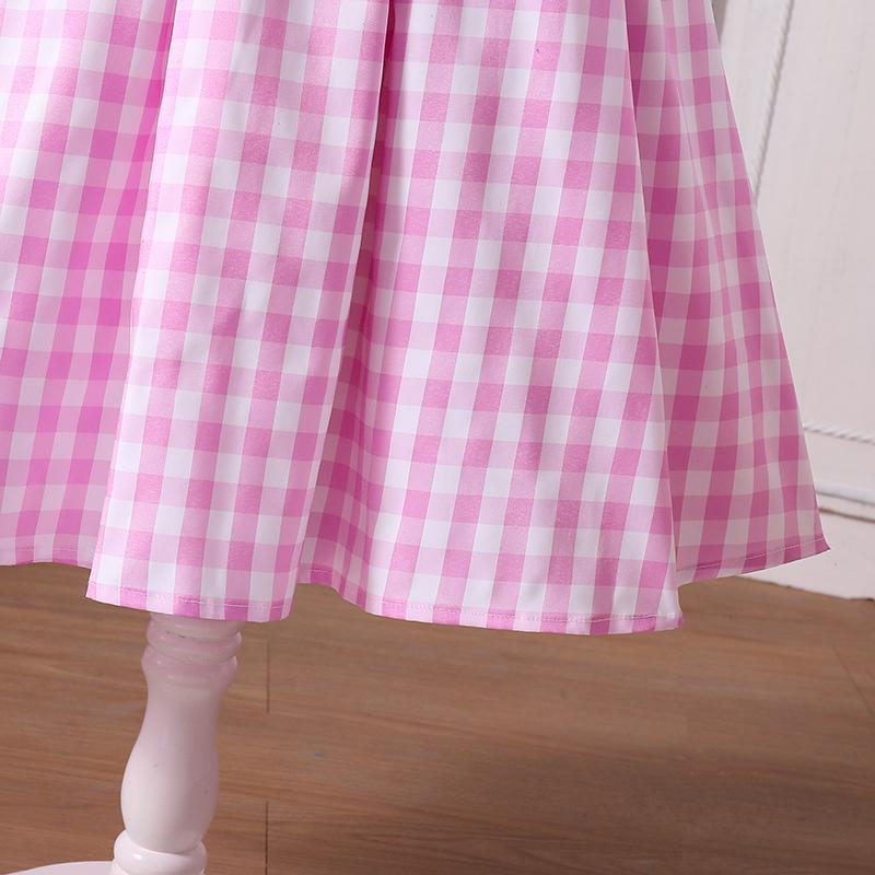 Vestito da bambina senza maniche a quadri rosa con scollo all'americana - Stile europeo e americano