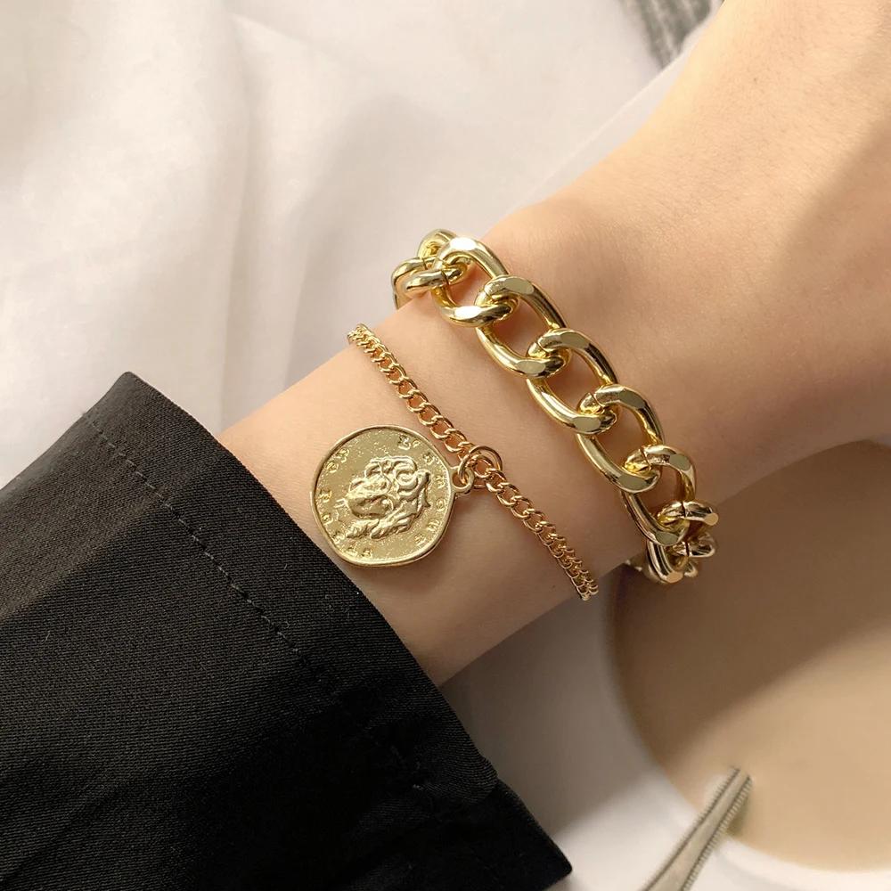 Punk Golden Metal Thick Chain Bracelets for Women Men Pentagram Heart Beads Pendant Charm Bracelet Set Fashion Jewelry