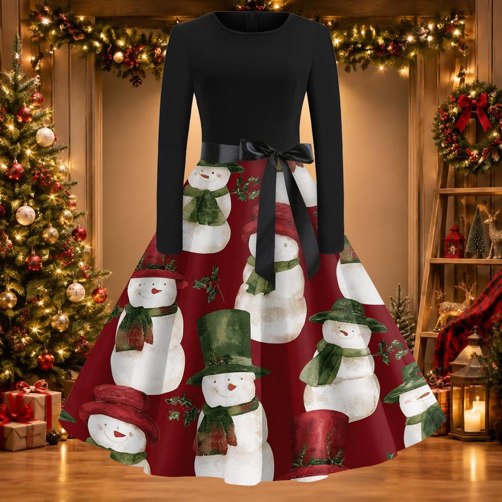Women's Vintage Christmas Print Round Neck Casual Dress