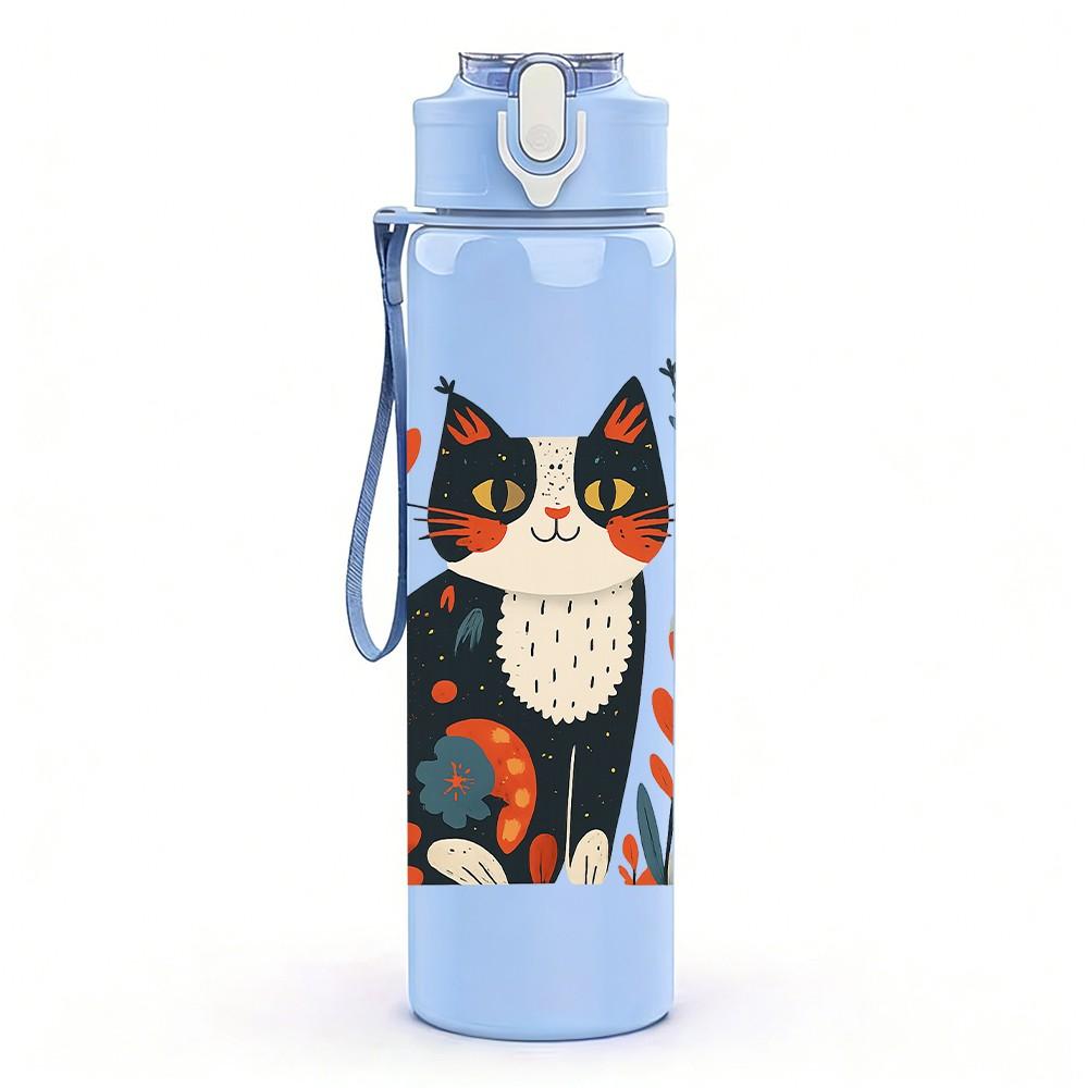 1PC Floral Pattern Cat Portrait 750ml Color Plastic Sports Water Bottle Leakproof Flip Straw Lid Suitable for Sports Office Home Use