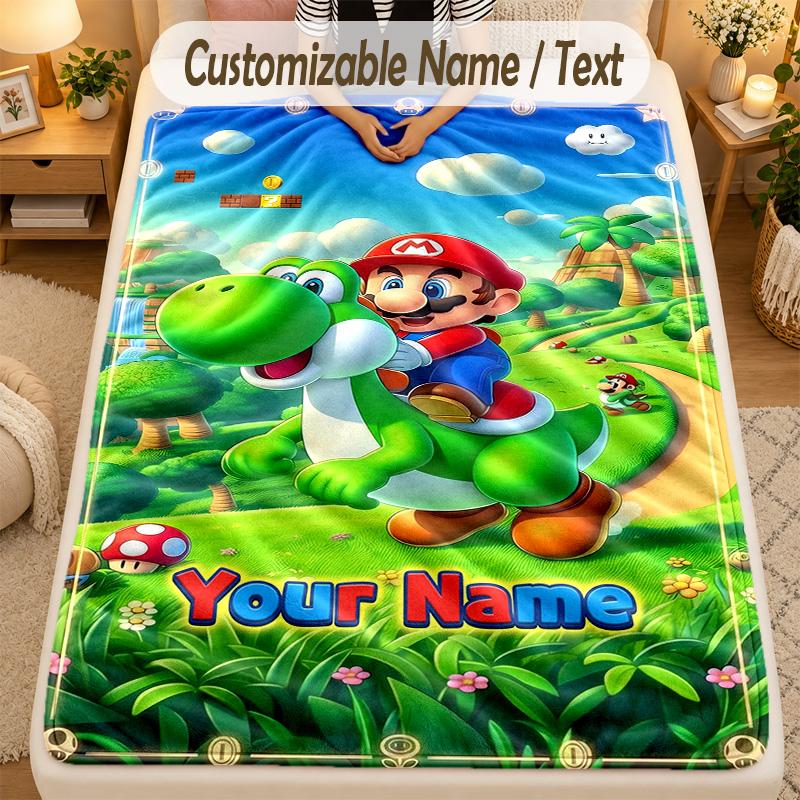 Flannel BlanketSuper Mario Custom Name Text Personalized Soft Warm Throw Blanket Home Decor Gift