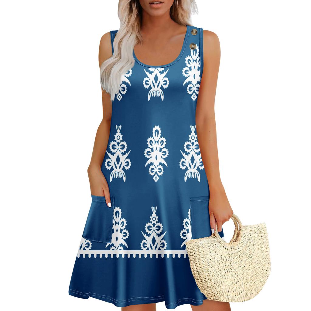 Summer Dresses For Women Beach Boho Sleeveless Printing Flowy Pocket Tshirt Tank Sundresses