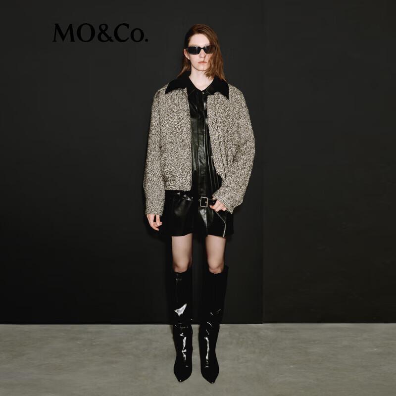 

MO&Co. Осенний твидовый жакет 2024 года с кожаным лацканом S