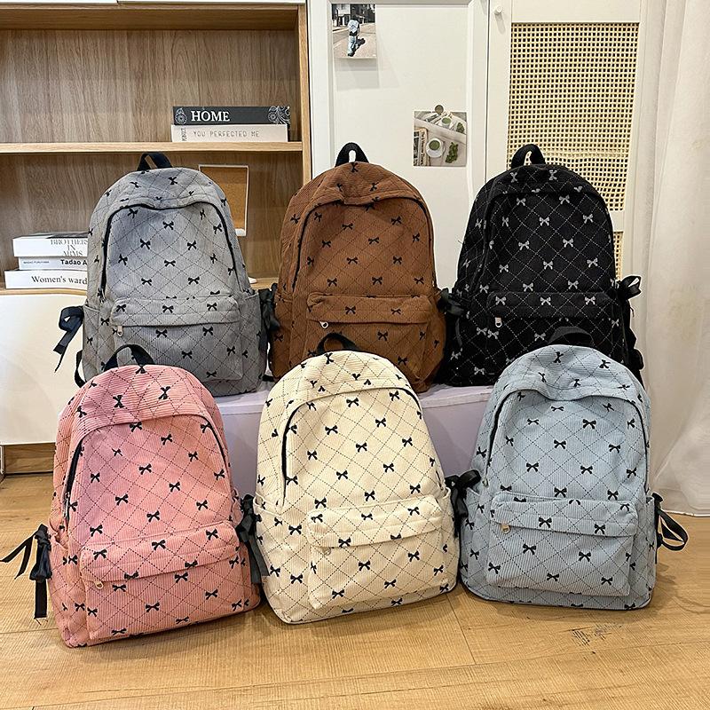 Corduroy Bow Backpack for Female College Students, Versatile Backpack for High School and Middle School Fashion Cute and Large
