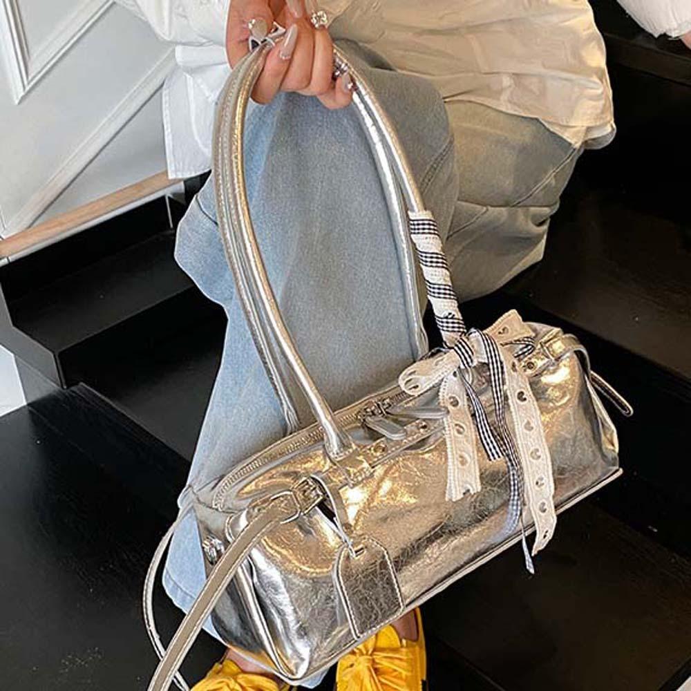 Bow Ribbon Silver PU Shoulder Bag High Quality Cylinder Underarm Bags French Stick Handbag School