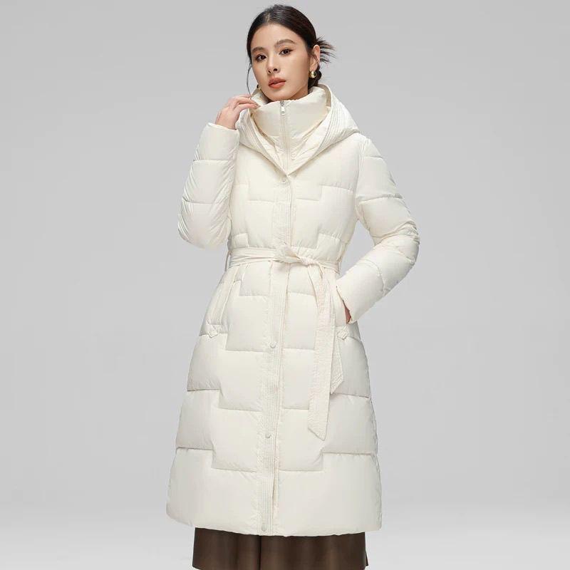 New Style, Down and Cotton Jacket, Women's Clothing, Long Over The Knee, Hooded Cotton Jacket, Waist Cinching, Slimming, Winter, Thick Coat