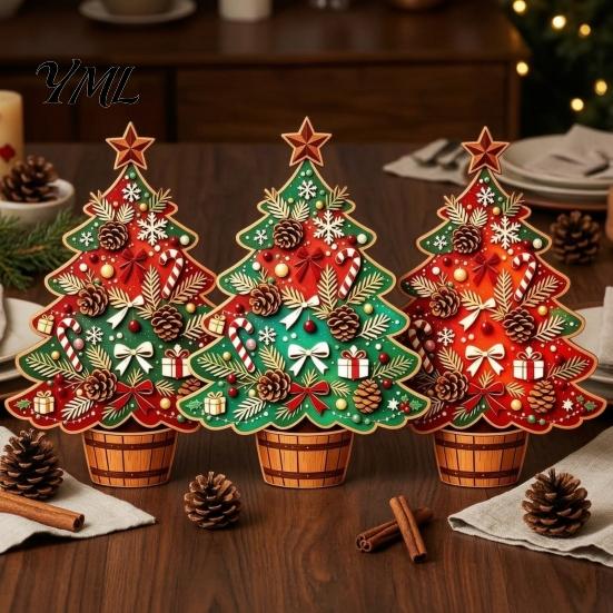 Desktop Christmas Tree Decor Wooden Ornaments, Vintage Colorful Decoration, Rustic Holiday Wood Figurines Reindeer for with Pine Cones Bows