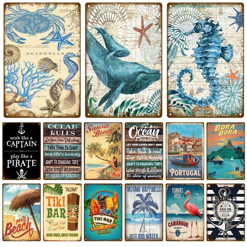 Beach Tin Sign Plaque Metal Summer Sign Metal Plate Wall Decor For Beach Bar House Surf Club Decorative Iron Painting Poster