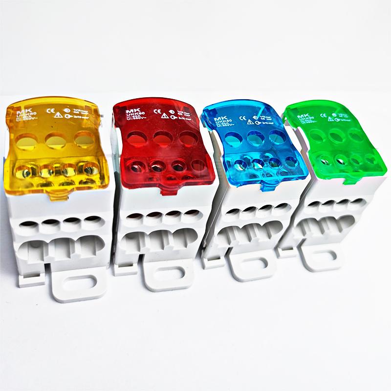 1Pcs Terminal Block UKK80A Din Rail 1 In Many Out Distribution Box Universal Electric Wire Connector Red Yellow Blue Green
