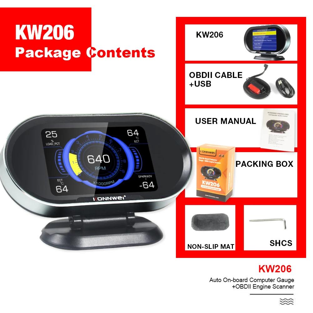 KONNWEI KW206 Car OBD2 Diagnostic Tool HUD 2in1 Fault code clearing 02 Sensor Test Speeding alarm DTC Lookup Mileage Auto Tools KW206