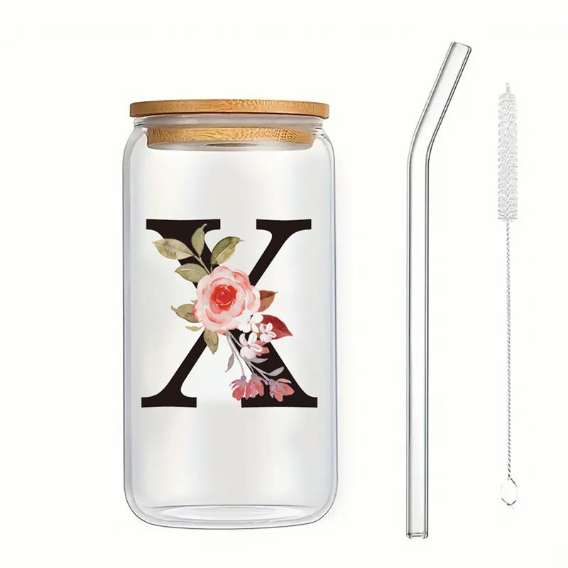 Alphabet Blumen Trinkglas Buchstabe A-Z Eiskaffee Wasser Saft Flasche Tragbarer Klarer Becher mit Deckel Strohhalm Bürste Geburtstagsgeschenke
