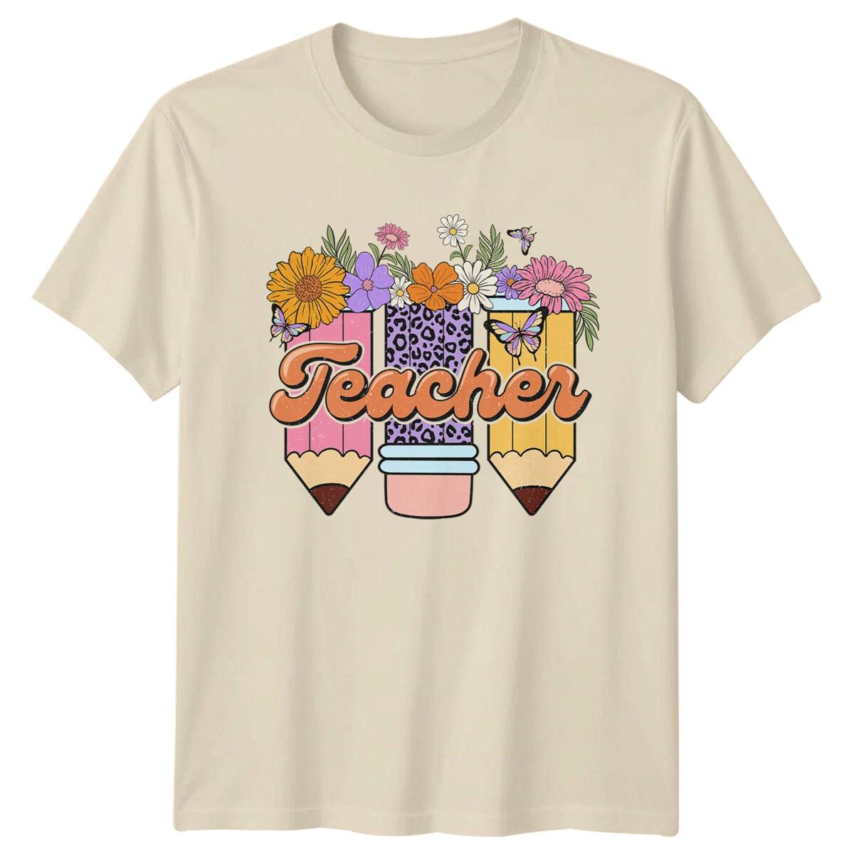 Teacher Floral Pencils Retro Style Graphic T-Shirt -a XXXL