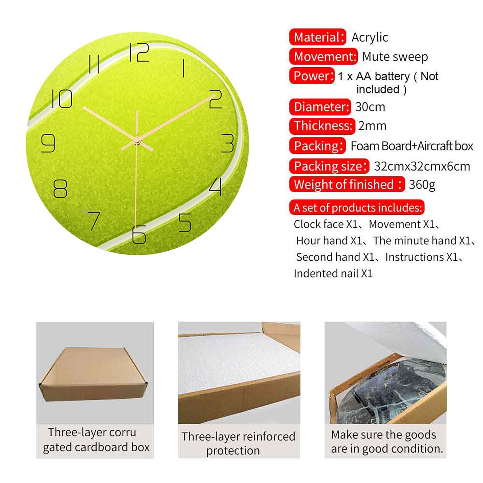 

Round Acrylic Wall Clock Tennis Ball Design Silent Movement Battery Operated Modern Home Office Decorative Timepiece One Size