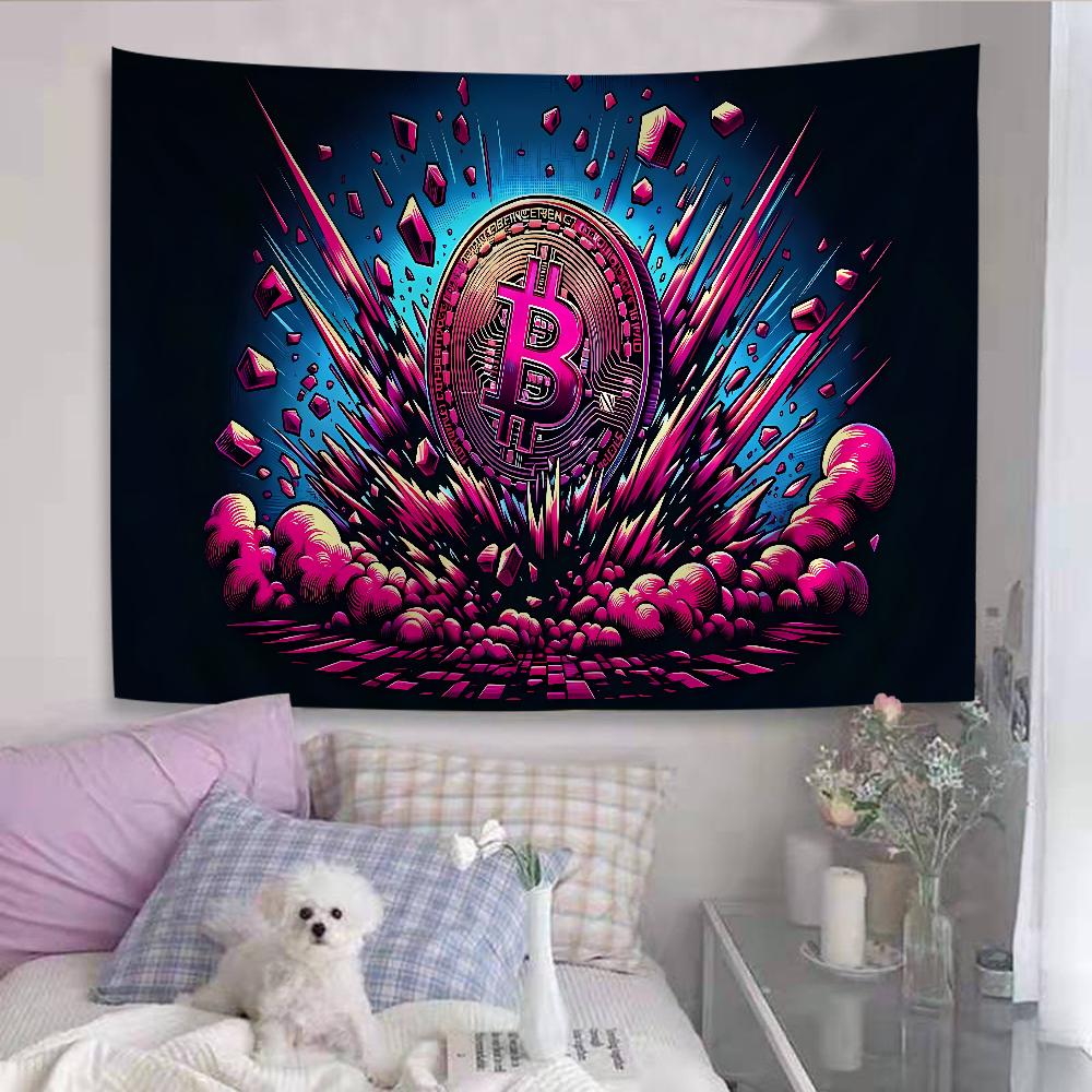 Virtual Currency Bitcoin Colorful Tapestry Wall Hanging Hippie Flower Wall Carpets Dorm Decor Wall Art Decor