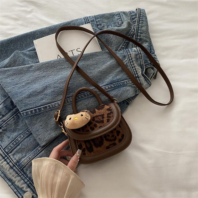 Korean Style Leopard Print Girls' Shoulder Bag - Cute Cat Design Fashionable Crossbody Handbag