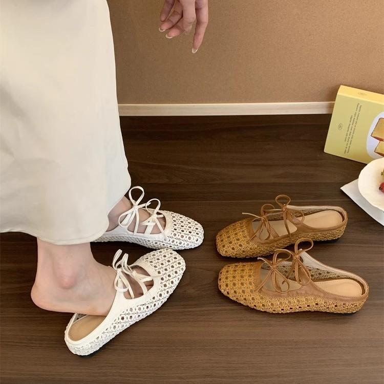 Inner heightening bag head half slippers women's summer outer wear new French woven hollow sandals bow Mary Jane single shoes