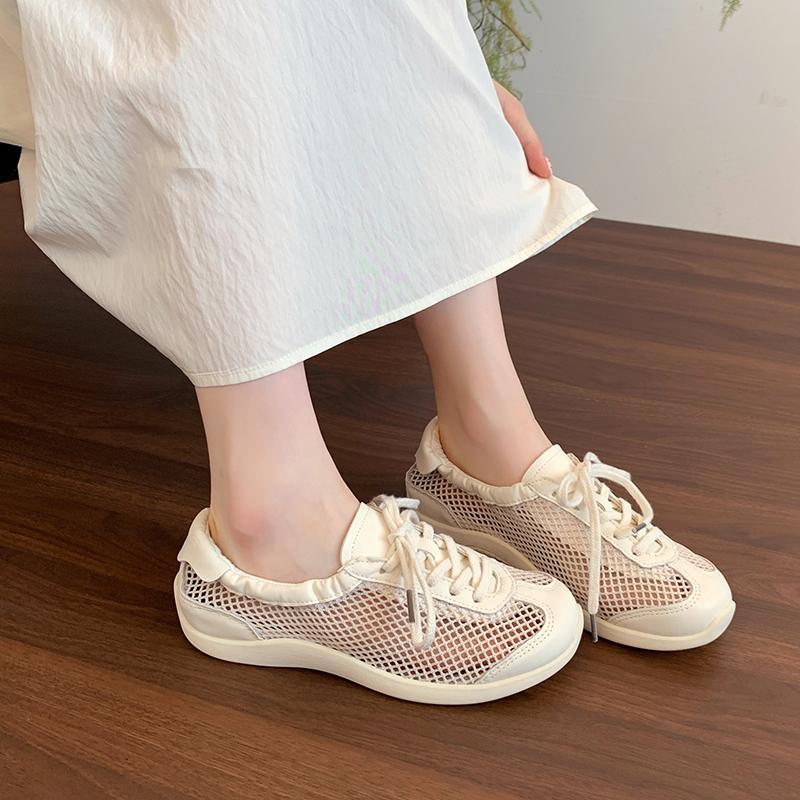 Fashion Flat Ballet Mesh Single Shoes Summer New Round Toe Spliced Front Lace-Up Lightweight Versatile Breathable Sneakers